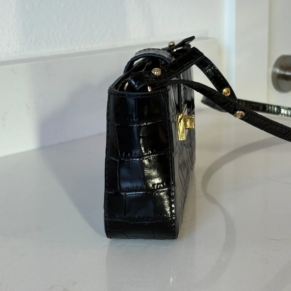 J. Crew Black Croc-Embossed Crossbody Bag with Gold Hardware